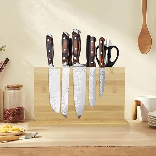 Miniatura 6 de Soporte magnético de bambú de doble cara, almacenamiento de cocina con imanes fuertes para cuchillos y utensilios, moderno bloque de cuchillos de