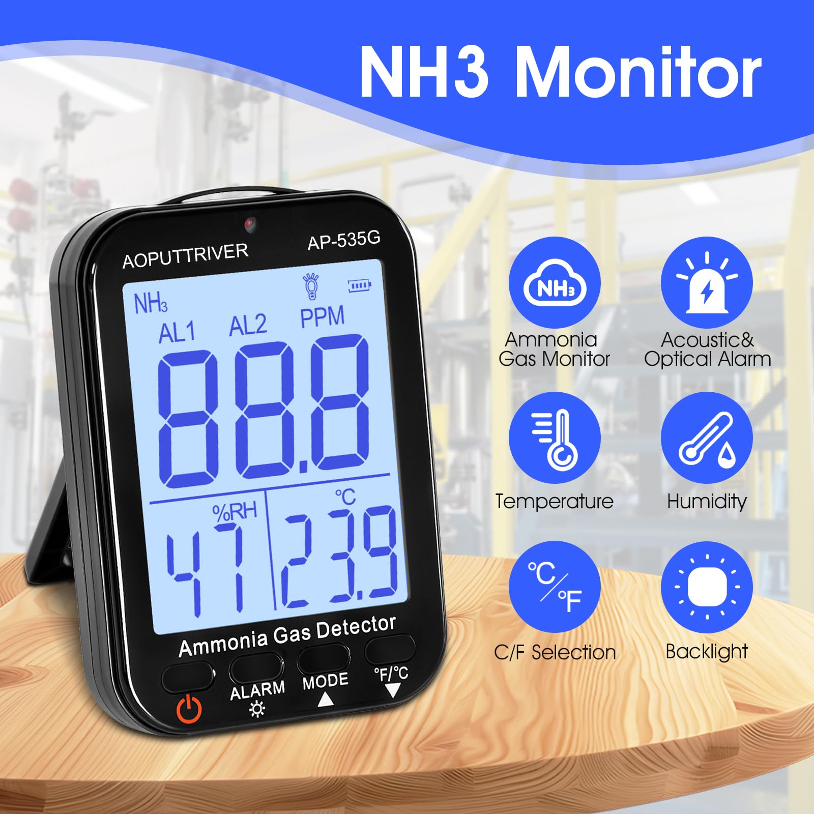 Detector de Gas Amoníaco 535G, Monitor de Gas NH3 Rango del Sensor 0-100ppm Medidor de Amoníaco Recargable con Alarma, Temperatura(℉/℃), Humedad, Pantalla LCD Retroiluminada