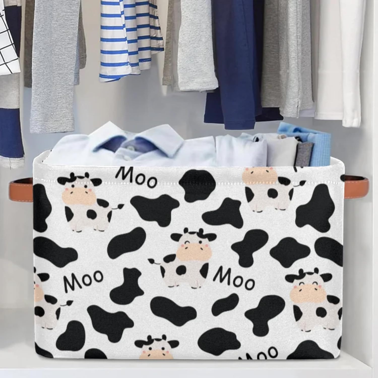 Rectangle Storage Baskets for Organizing - Foldable Storage Bin Cubes with Handles, Large Organizer Bins Boxes Toy Closet Shelf Nursery Laundry Basket, 1 Pcs(Cute Cow Print)