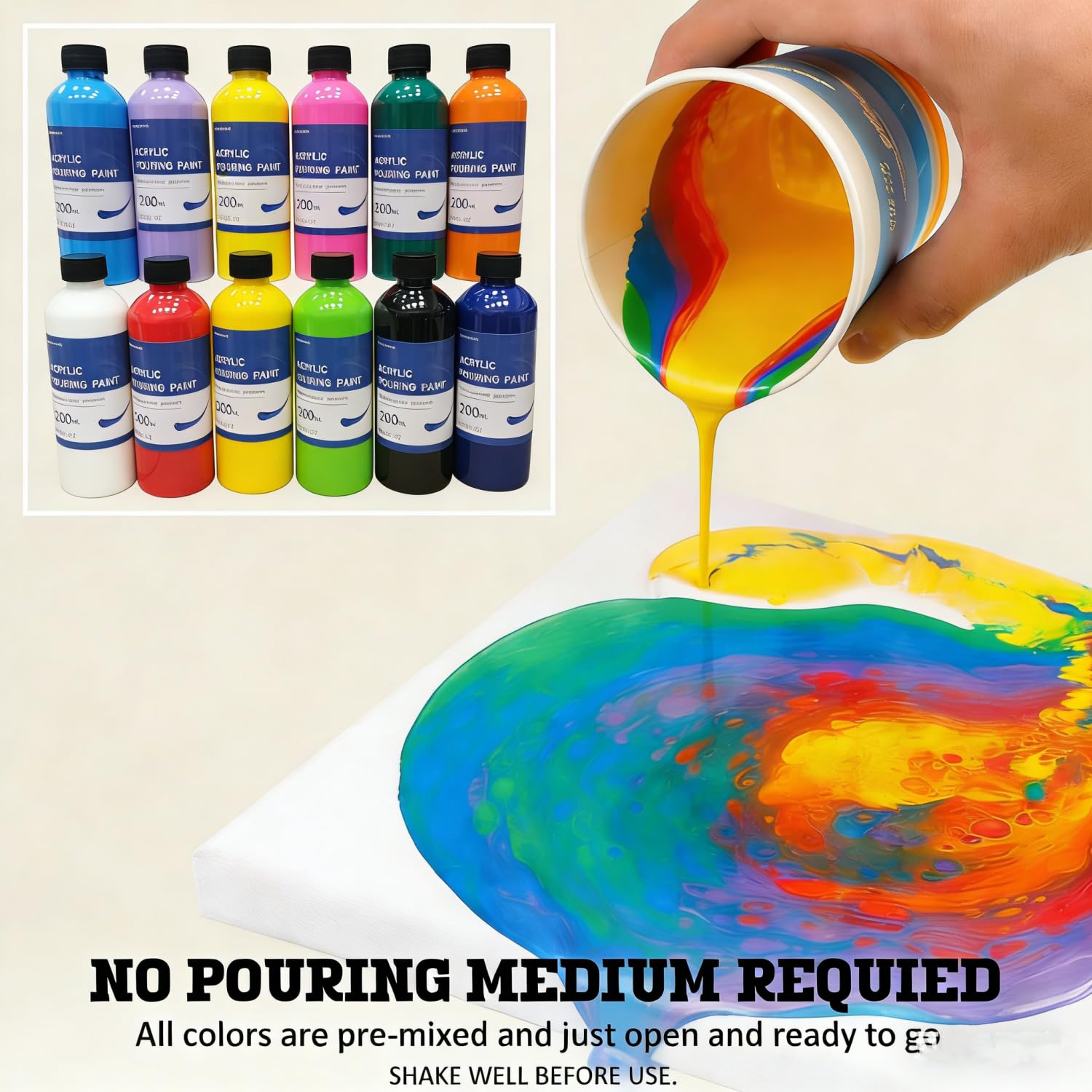 Set di colori acrilici per versare, 12 colori, 200 ml, kit professionale per adulti, ideale per dipingere su tela, legno, rocce, gesso, premiscelato ad alto flusso – pronto da versare