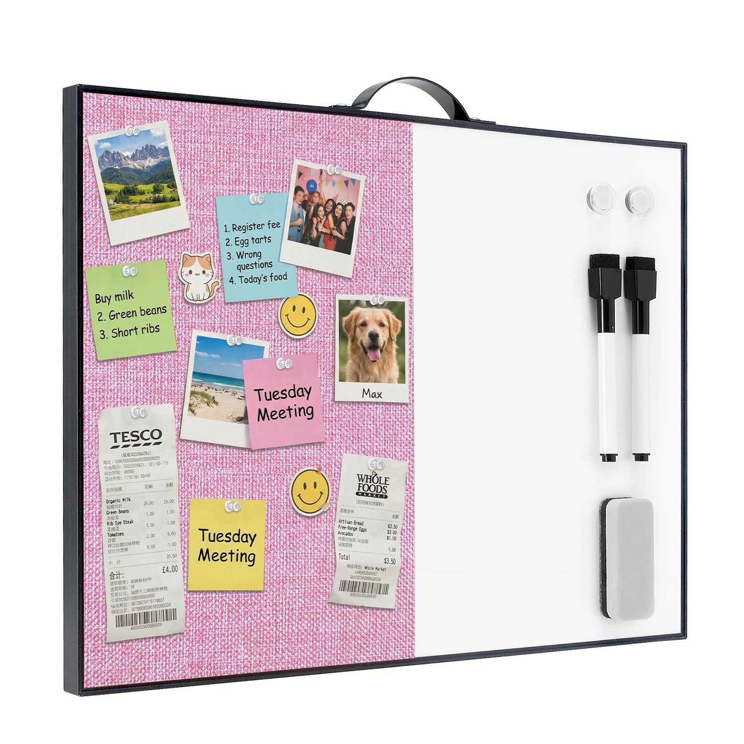 Small White Board Cork-Board Combo - 16 X 12 inches Pink Linen Board &amp; Magnetic Dry Erase Board for Wall, Mini Bulletin Cork Board with Holder for Office, Home and School