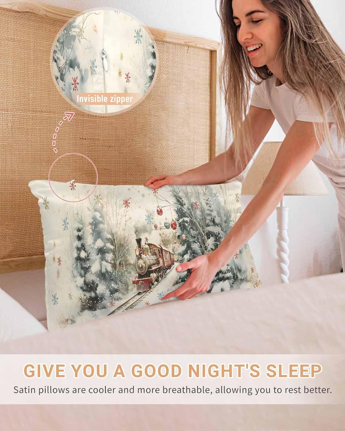 Christmas Pillow Cases Queen Size Set of 2, Smooth Satin Pillowcase for Hair and Skin, Train Xmas Tree Snowflake Balls Decorative Cooling Bed Pillow Covers with Zipper, 20x30 Inches