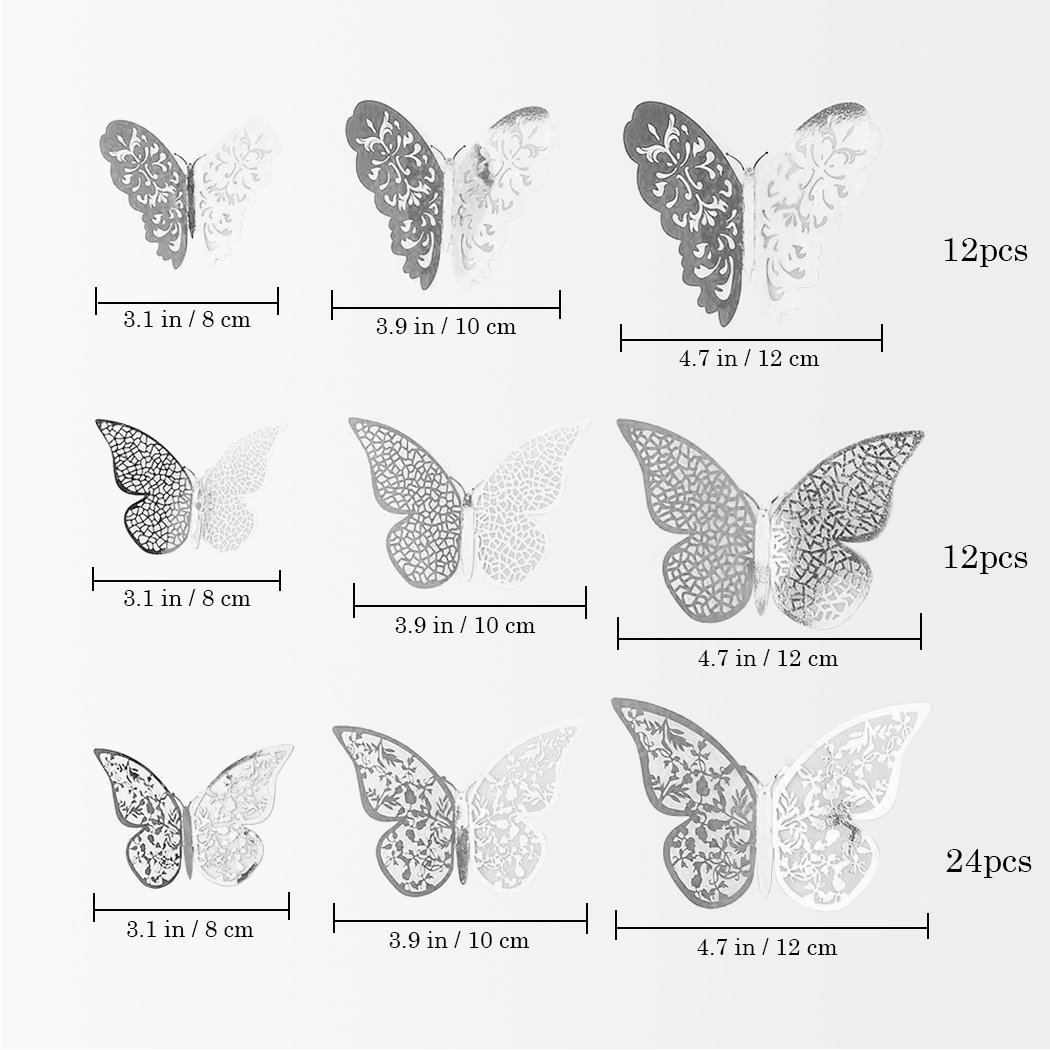 48 Autocollants Muraux Papillon 3D Acrylique Argenté Brillant - Décoration DIY