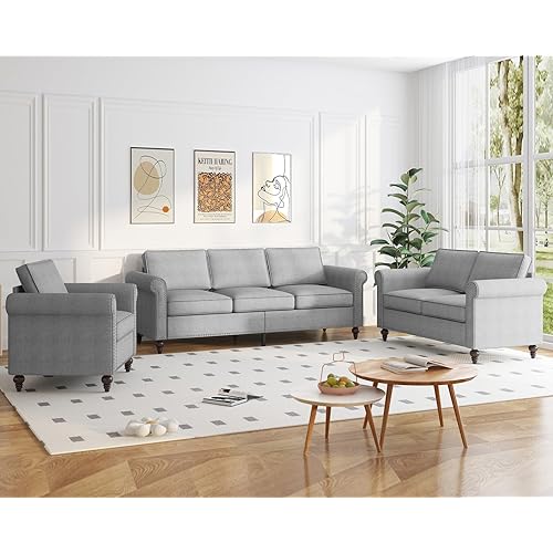 3 Piece Living Room Sofa Set, 3-Seat Sofa Couch and Loveseat & Chair Furniture, Sectional Sofas Couch with Armchair, Gourd Shapes Wood Legs Couches Sets for Living Room/Apartment - Light Grey