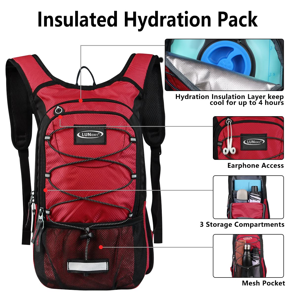Zaino isolato per l'idratazione con vescica d'acqua a prova di perdite da 3 l, mantiene i liquidi freschi fino a 5 ore, zaino per escursionismo, corsa, ciclismo, caccia, arrampicata