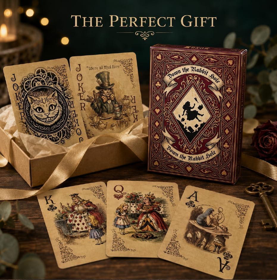 Alice in Wonderland Playing Cards - Vintage Down the Rabbit Hole Deck, 54 Linen-Finish Cards with Illustrated Court Cards & 2 Collectible Jokers, Gift Box for Card Games, Party Decor & Photo Props