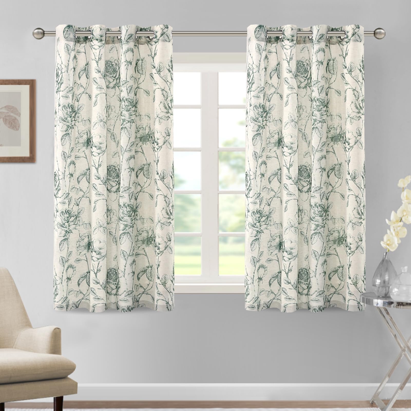 DEZYPZAM Floral Linen Semi Sheer Curtains, Light Filtering Privacy Window Curtains, Semi Sheer Window Curtain Drapes for Living Room/Bedroom (Dark Green,52 x 54 inch)