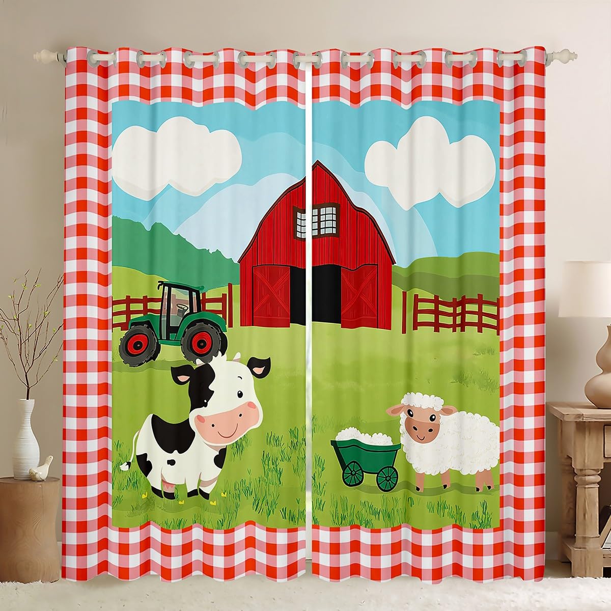 Farmhouse Theme Window Curtains,Sheep and Cow Curtain,Farm Life Window Drapes for Kids Teens Boys Young Man,Modern Bedroom Decorative,House and Truck Curtain,38Wx45L