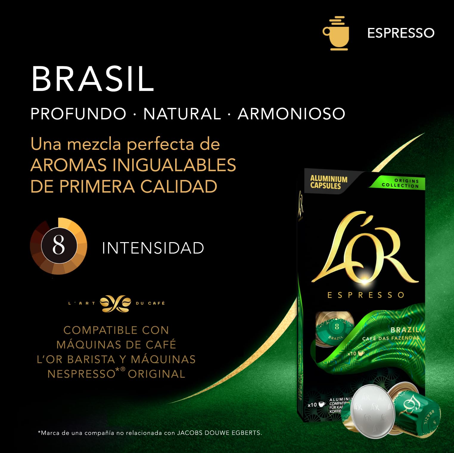 L'OR Espresso Café Brazil Orígenes | 200 Cápsulas | Intensidad 8, Compatible con máquinas Nespresso