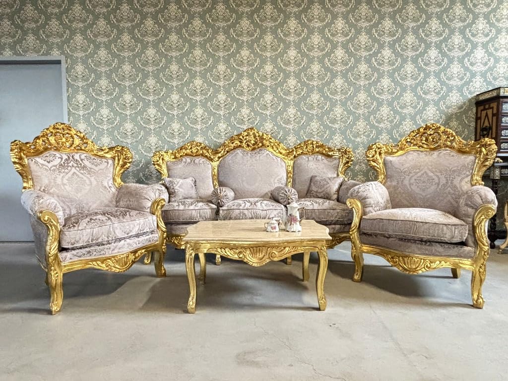 CasAmin Home & Living Sofagarnitur in Dunkelbeige Französisches Couchgarnitur im Louis XL Stil mit Goldfinish für die Hotellobby Barock Rokoko Salon Sofa als Wohnzimmer Dekoration