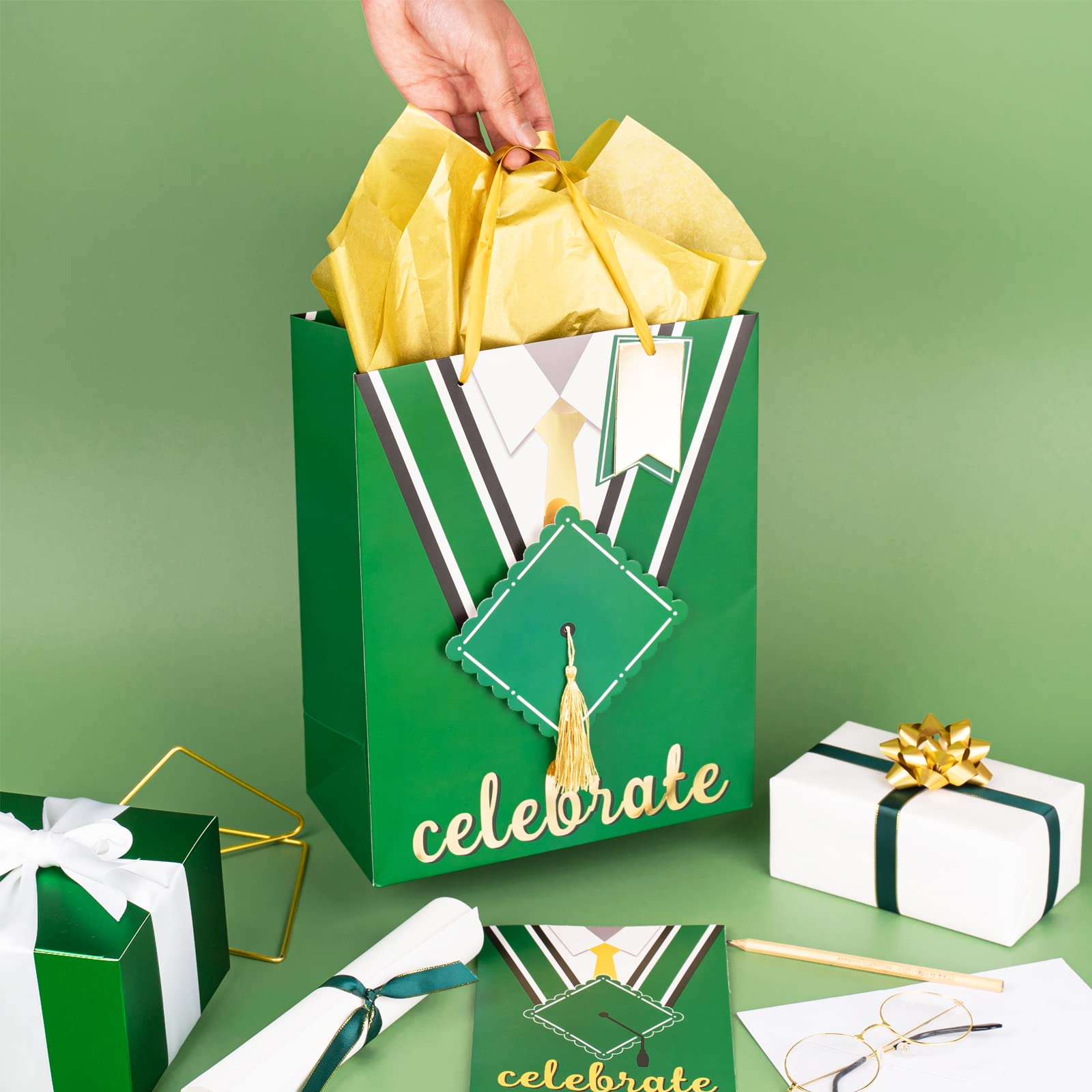 Loveinside Sacchetti regalo grandi da carta velina, etichetta regalo per cappello da scapolo e biglietto di auguri, berretto da trench e design di congratulazioni per la laurea - 30,5x40,7x15,3 cm