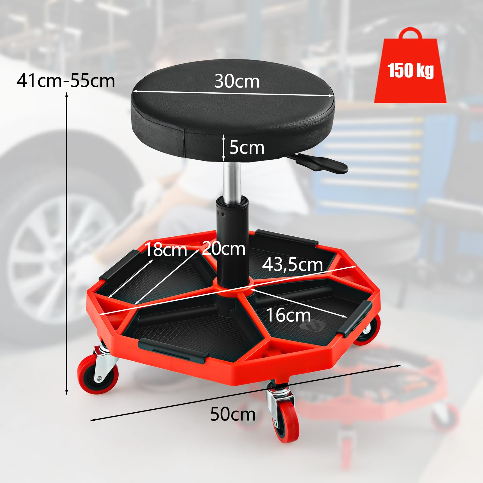 SOARS Taburete de Montaje Móvil, Taburete de Taller Regulable en Altura de 41 a 55 cm, Taburete Neumático Mecánico con Ruedas y Bandeja magnética extraíble para Herramientas, Carga 150 kg