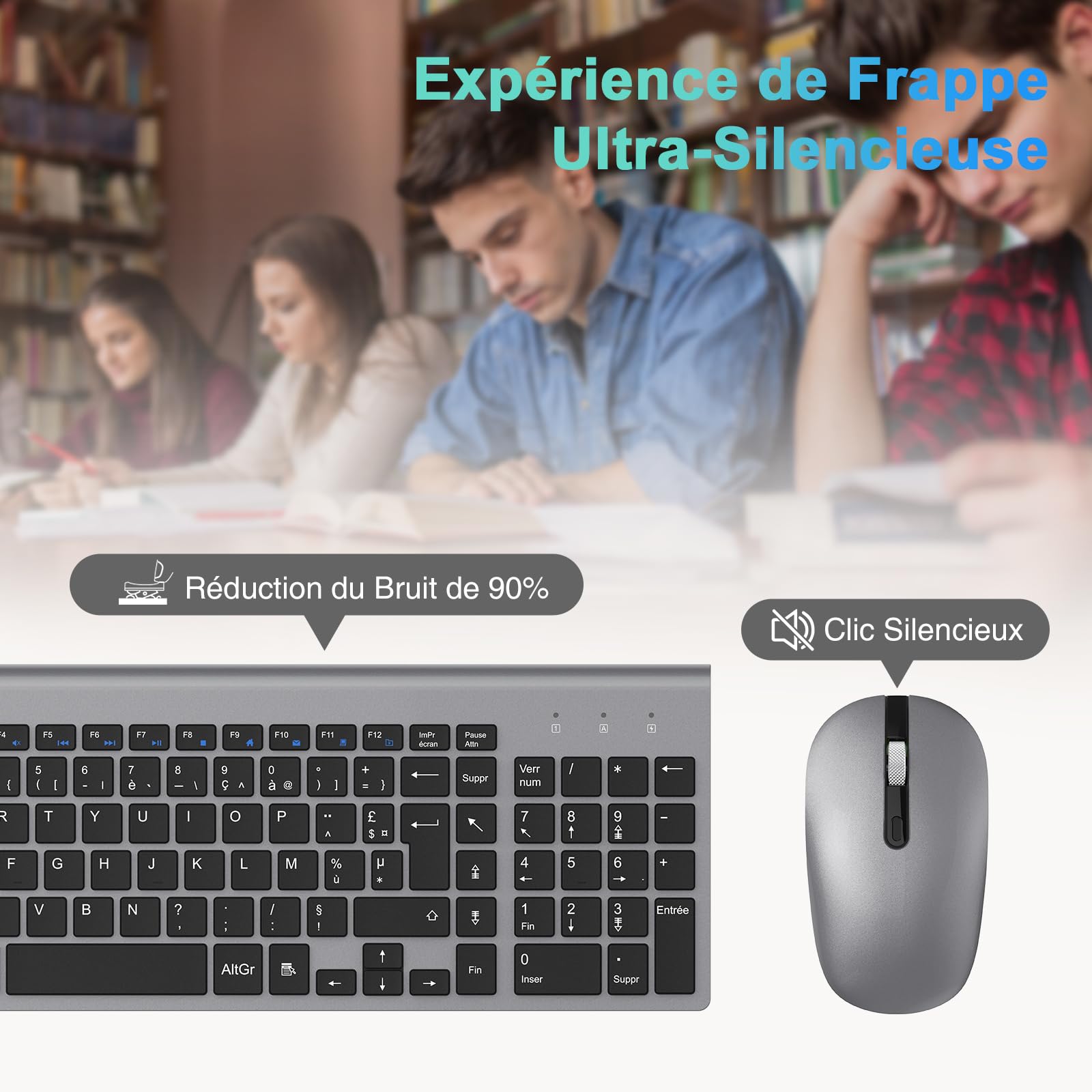 Ensemble Clavier et Souris sans Fil, cimetech Claiver AZERTY Français, Pack Clavier et Souris, Set Silencieux avec Récepteur Nano USB 2.4GHz, Compatible avec Windows/MacOS, Windows PC Laptop - Gris