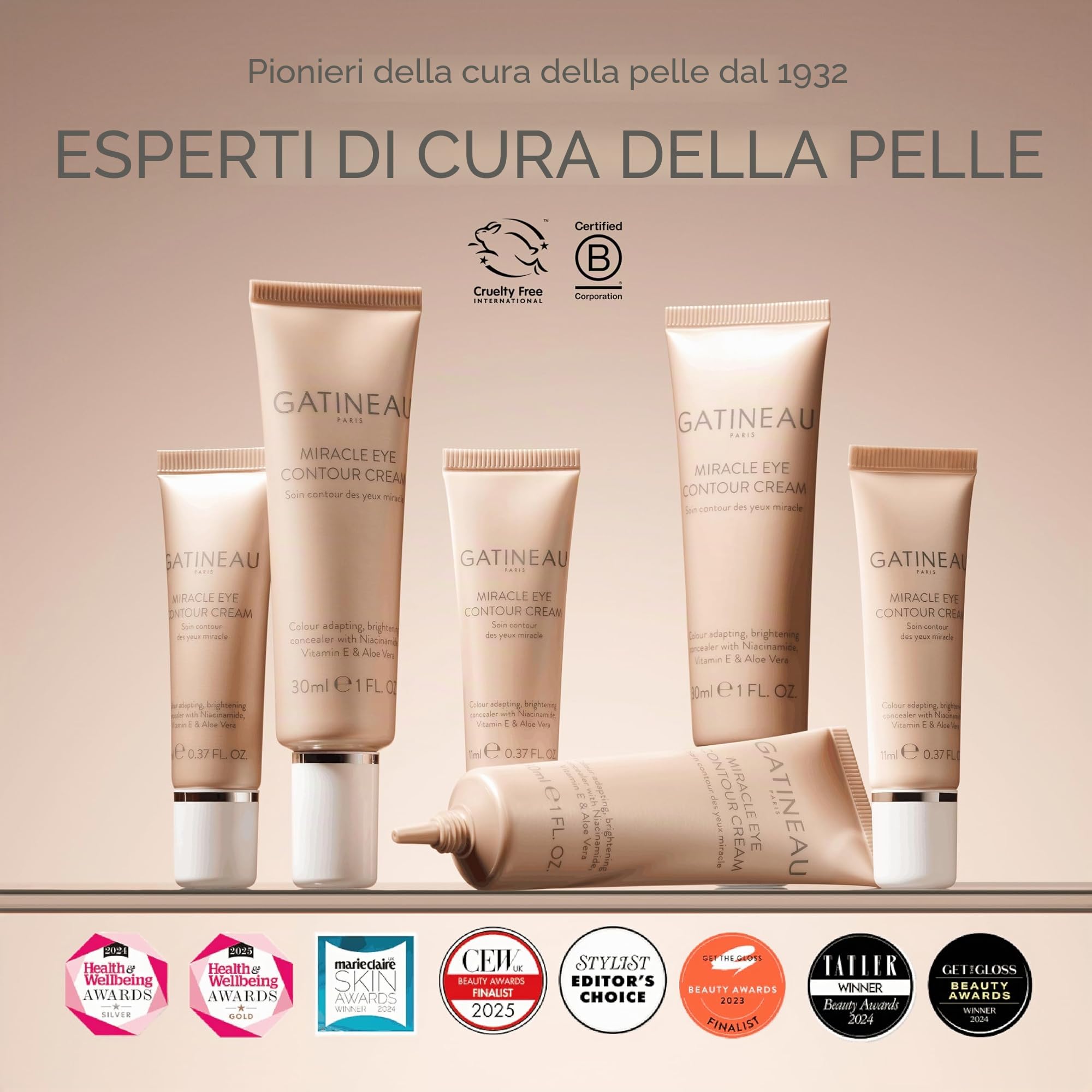 GATINEAU Miracle Eye Contour Cream - 30 ml, trucco + cura della pelle, correttore illuminante per occhi, leviga le linee sottili, nasconde occhiaie e imperfezioni, vitamina E, niacinamide e aloe vera