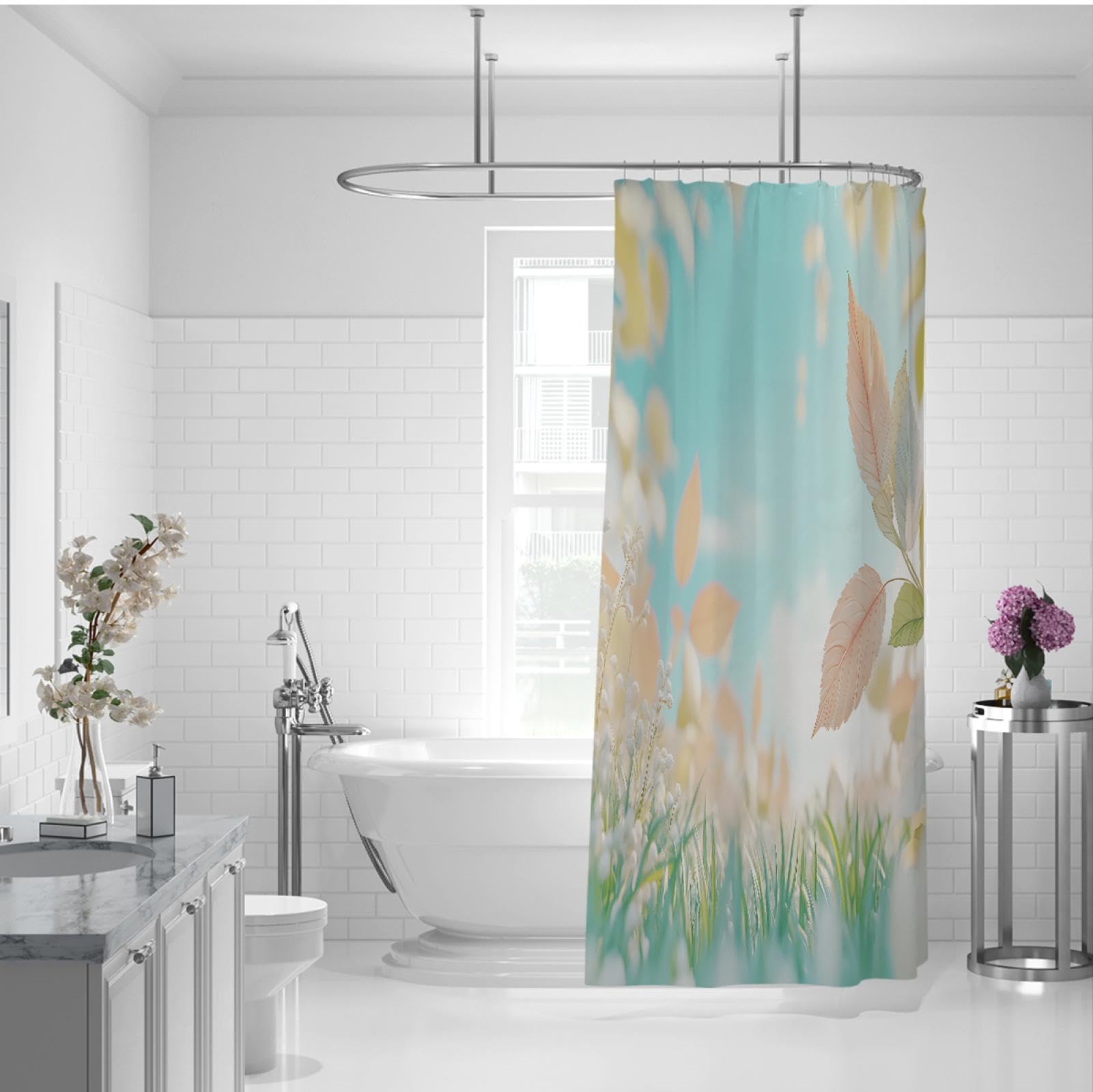 Juego de Cortinas de Ducha de Escena de Prado de ensueño Hojas de Plantas Naturales y Frescas decoración de baño Cortinas de Ducha de Tela Lavables Impermeables 200x200cm
