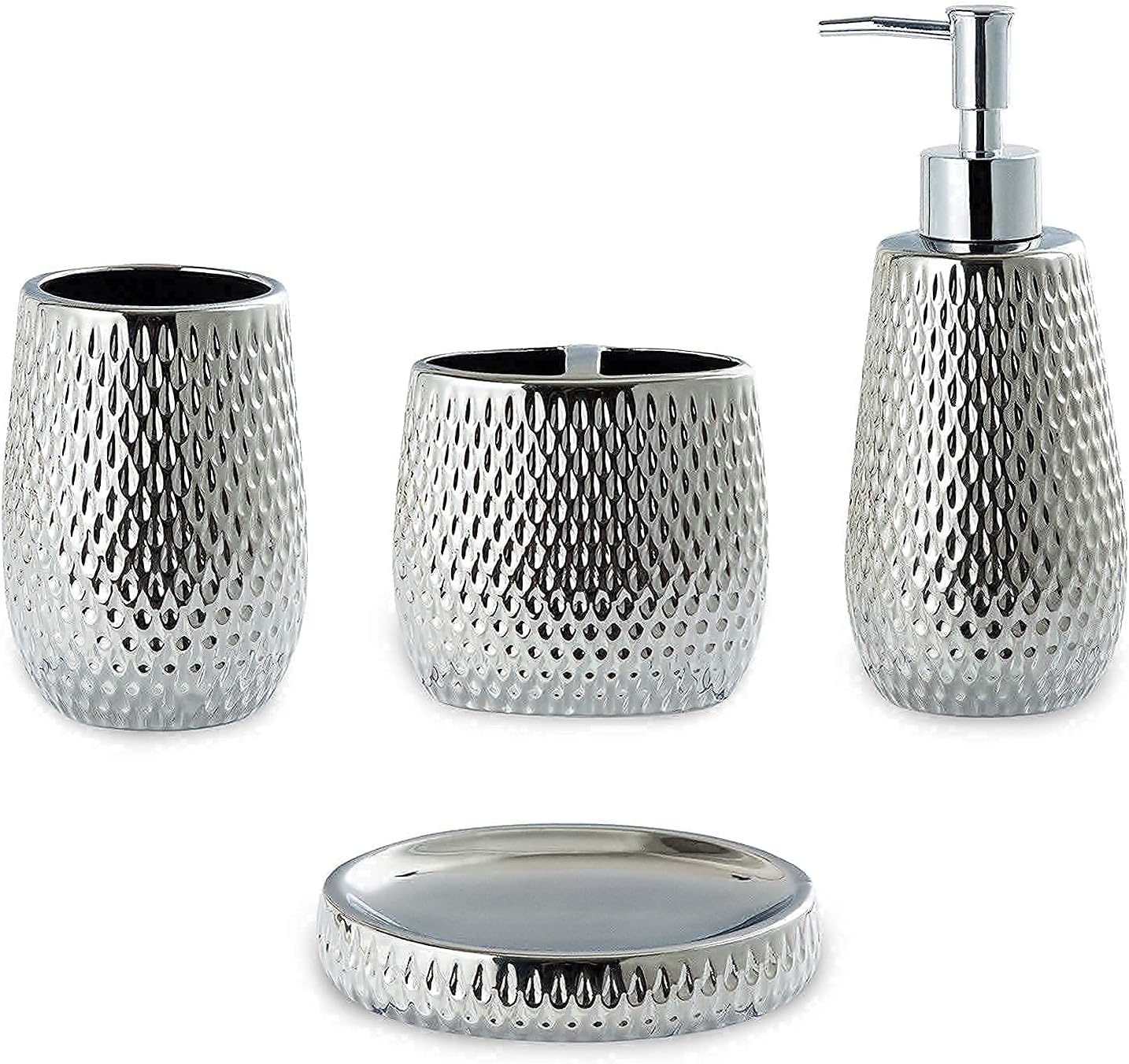 Bathroom Accessories Set 5 Piece Bath Ensemble Includes Trash Can,Toothbrush Holder,Toothbrush Cup,Soap Dispenser,Soap Dish for Decorative Countertop and Housewarming Gift, Grey