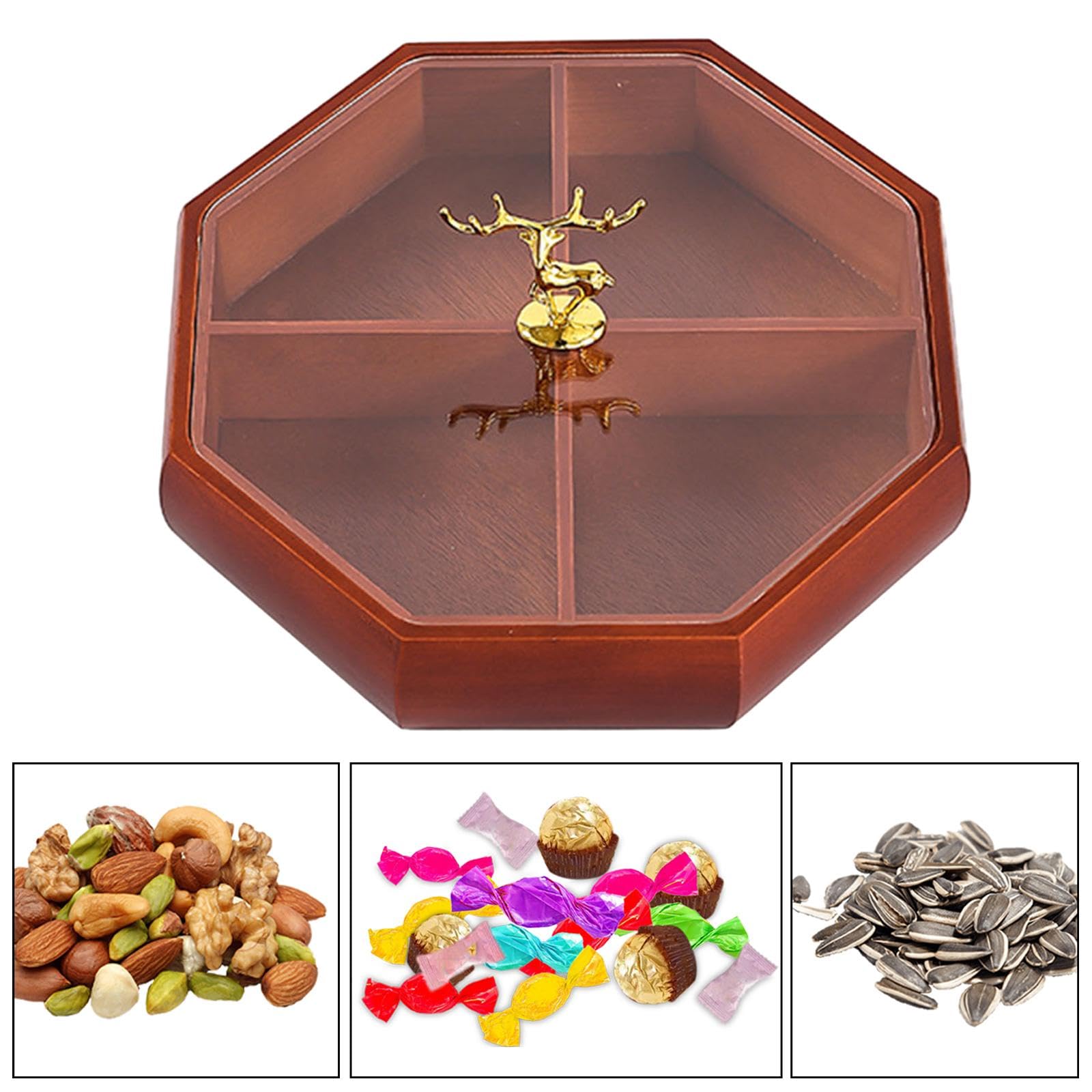 Bandeja de Servicio Dividida con Tapa Bandeja Organizador Platos Fuente Snacks Fruta Caramelos Madera con Compartimentos y Tapa Sellada Adecuada para, Mango de Ciervo, Individual