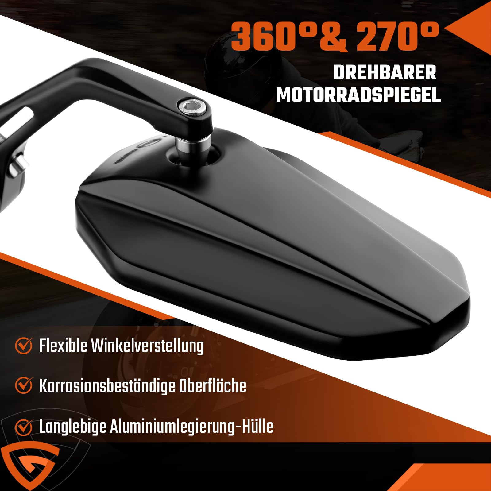 GEARMONSTER Lusterko motocyklowe z certyfikatem E, 360°, 2 sztuki | Lusterko wsteczne do motocykla, obracane o 360°, aluminium CNC, uniwersalne, skutery, quady, koniec kierownicy, łatwy montaż
