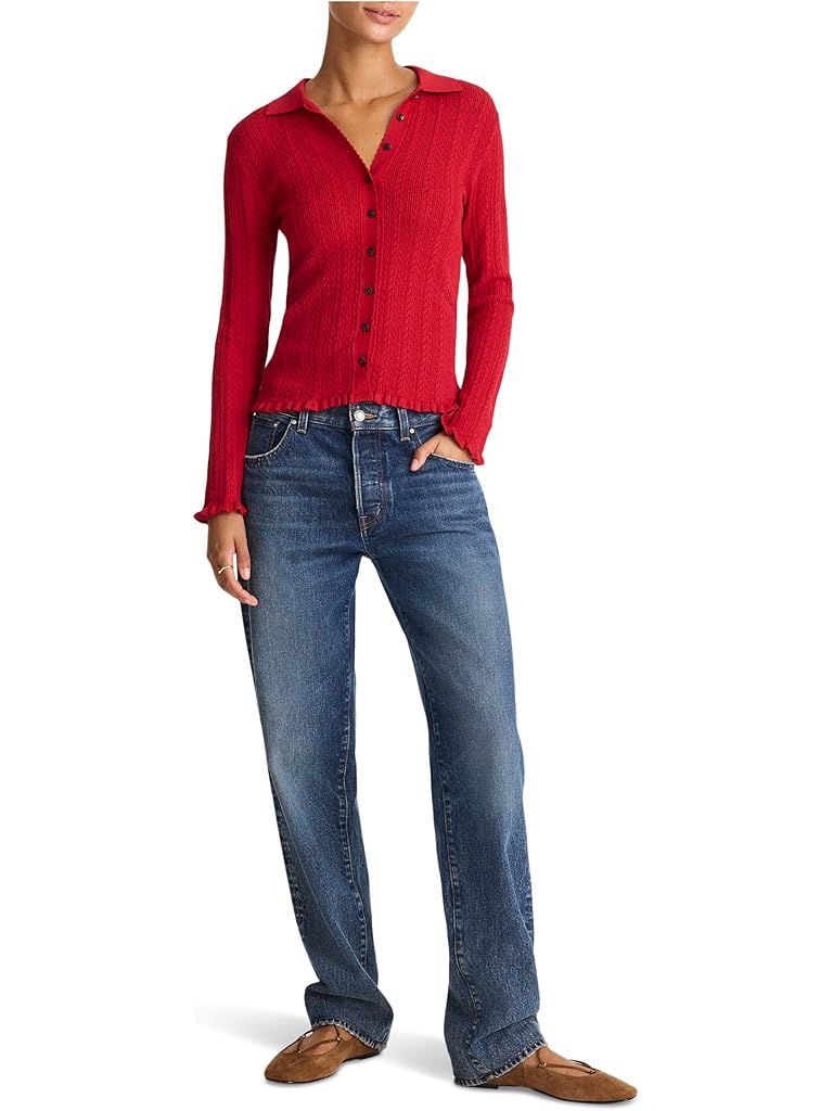 Red Madewell Snowy Lace Stitch Melody Collar Long Sleeve Top