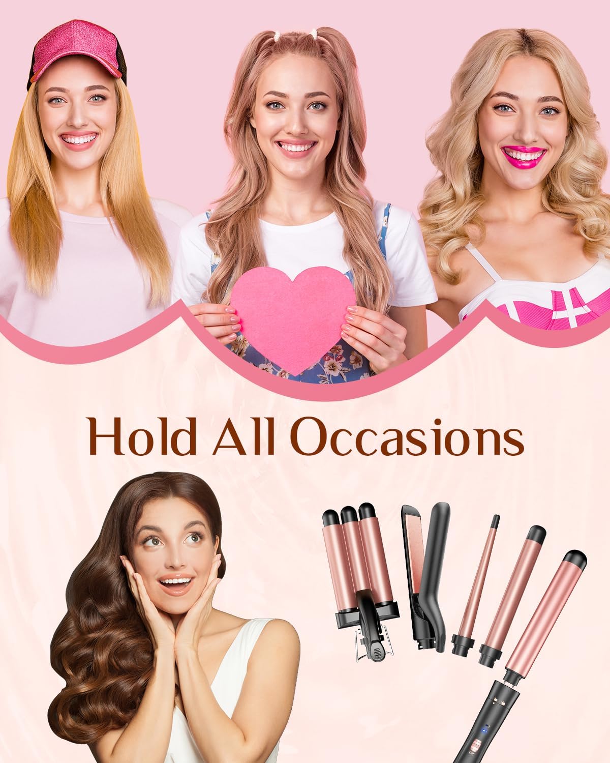 5 in 1 Wand Curling Iron-Kinked Curling Wand Set with Flat Iron Hair Straightener, 3 Barrels Hair Crimper, 3 Ceramic Curling Irons (0.35"-1.25"), 2 Temps Fast Heat Hair Waver Curler, Rose Gold