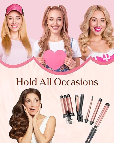 Miniatura 8 de Juego de rizadores 5 en 1 con 3 barriles, plancha plana y engarzadora, cerámica, calor rápido, 2 temperaturas, guante y clip