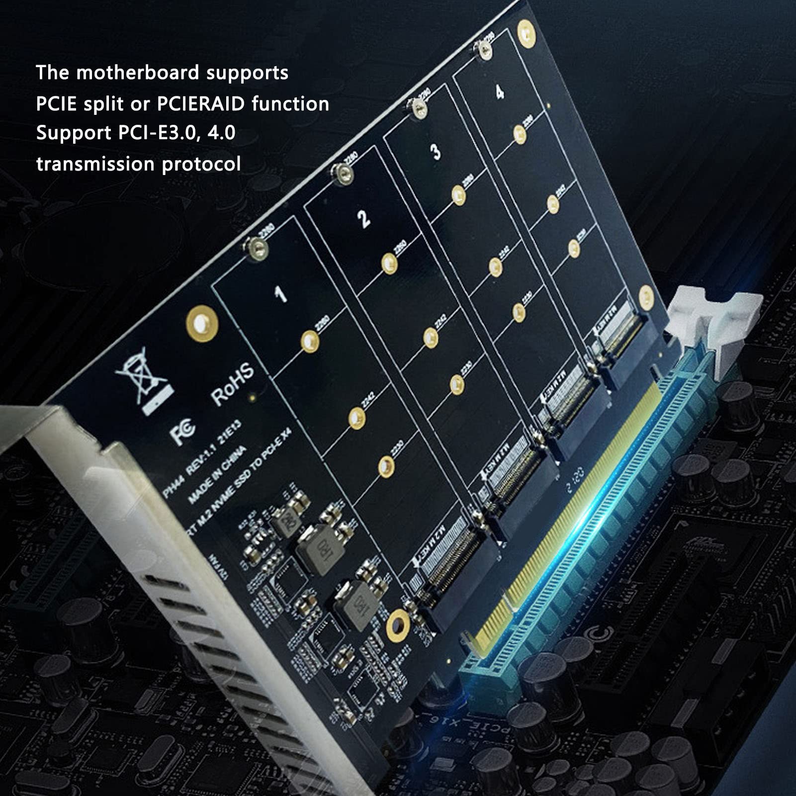 Adapter M.2 PCIE, PCIe 4.0 X16 na 4 Porty M.2 NVMe SSD z Wentylatorem Chłodzącym, WsparciePCIE RAID, 4x32Gbps, dla Dysków SSD 2230/2242/2260/2280mm