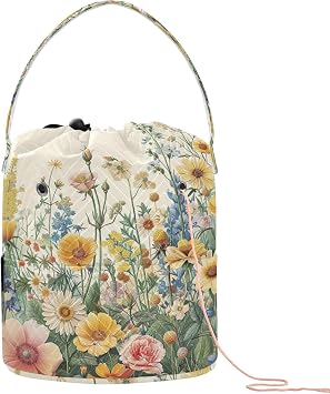 YETTASBIN Herbal Wildflower Yarn Storage Bag, Large Crochet Knitting Bag Organizer Portable Drawstring Tote for Crocheting Projects, Hold Skeins Balls, Yarn Needles Accessories - Gift for Knitters