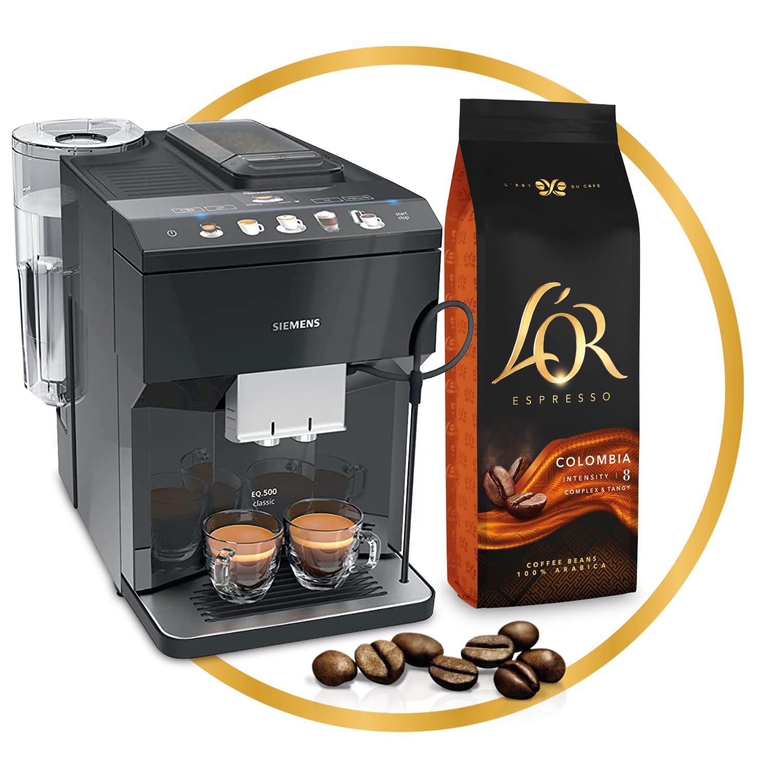 L'Or Espresso Café Grano Colombia 100% Arábica, 500 g + Siemens TP503R09 Cafetera espresso superautomática, EQ.500 Classic, Negro, 1500 W, 1.7 litros, Plástico