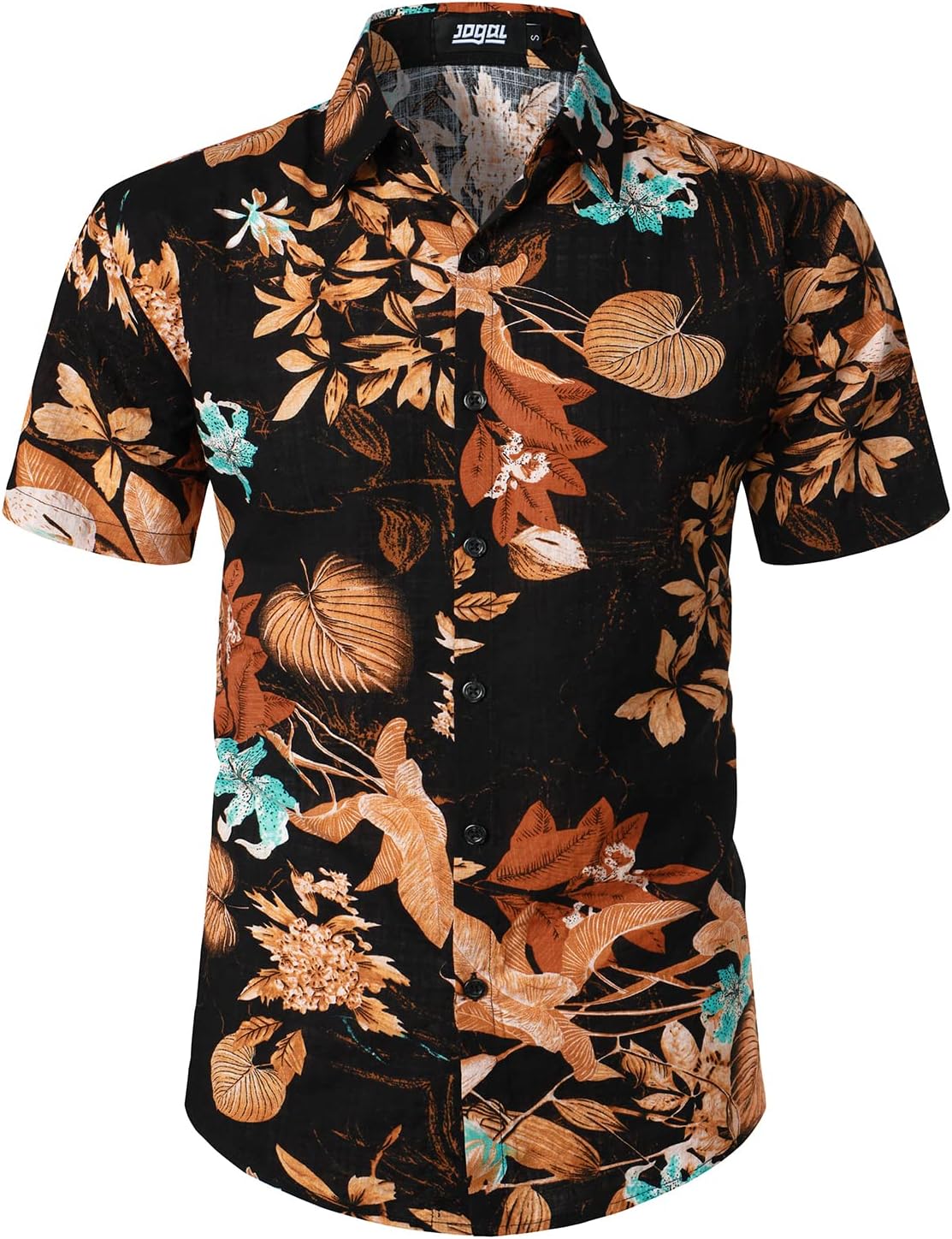 JOGAL Men's Flower Casual Button Down Short Sleeve Hawaiian Shirt Black Brown Small