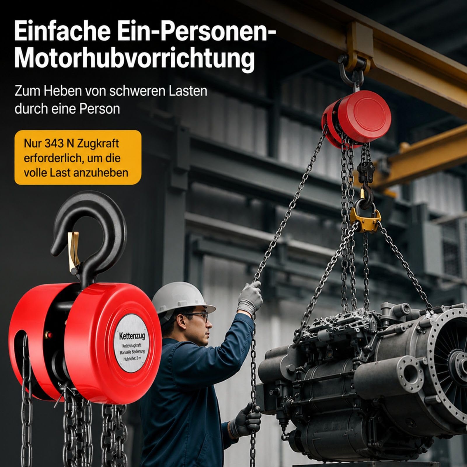 Manueller Kettenzug in Rot mit Haken und Kette für Garage Lager Werkstatt und Automobilmaschinen