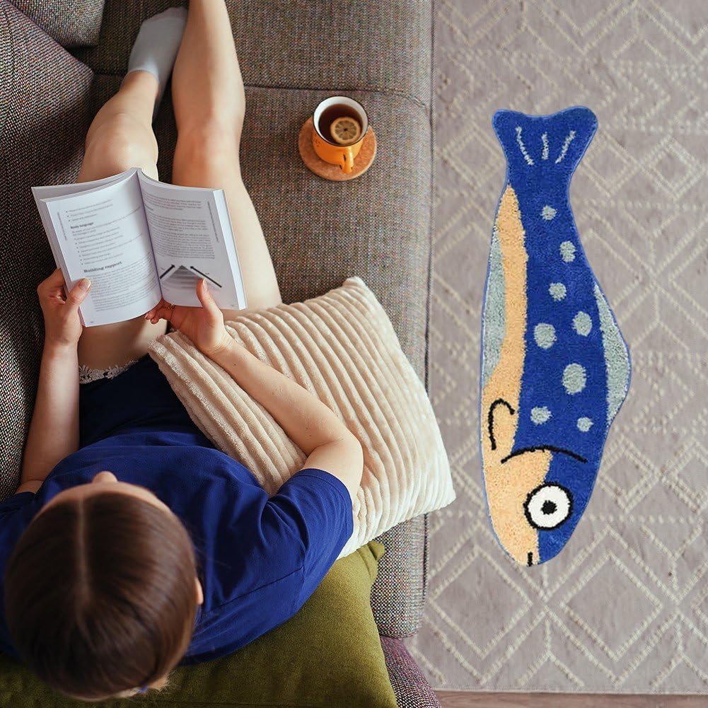 Cute Fish Bath Mat Non-Slip Absorbent Bathroom Rug Fish Shape Soft Washable Bath Mat Bathroom Floor Mat Shower Rug Door Mat Carpet for Home