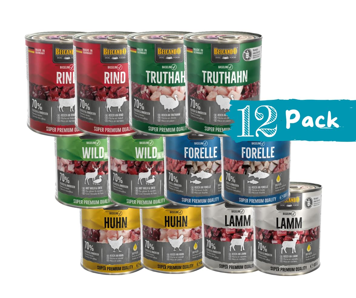 Belcando Baseline Sparpaket 2x6x800g – Nassfutter Mix für Hunde mit 6 Sorten: Forelle, Rind, Lamm, Huhn, Wild & Ente, Truthahn – Premium Hundenahrung aus Deutschland – ohne Zucker & Soja