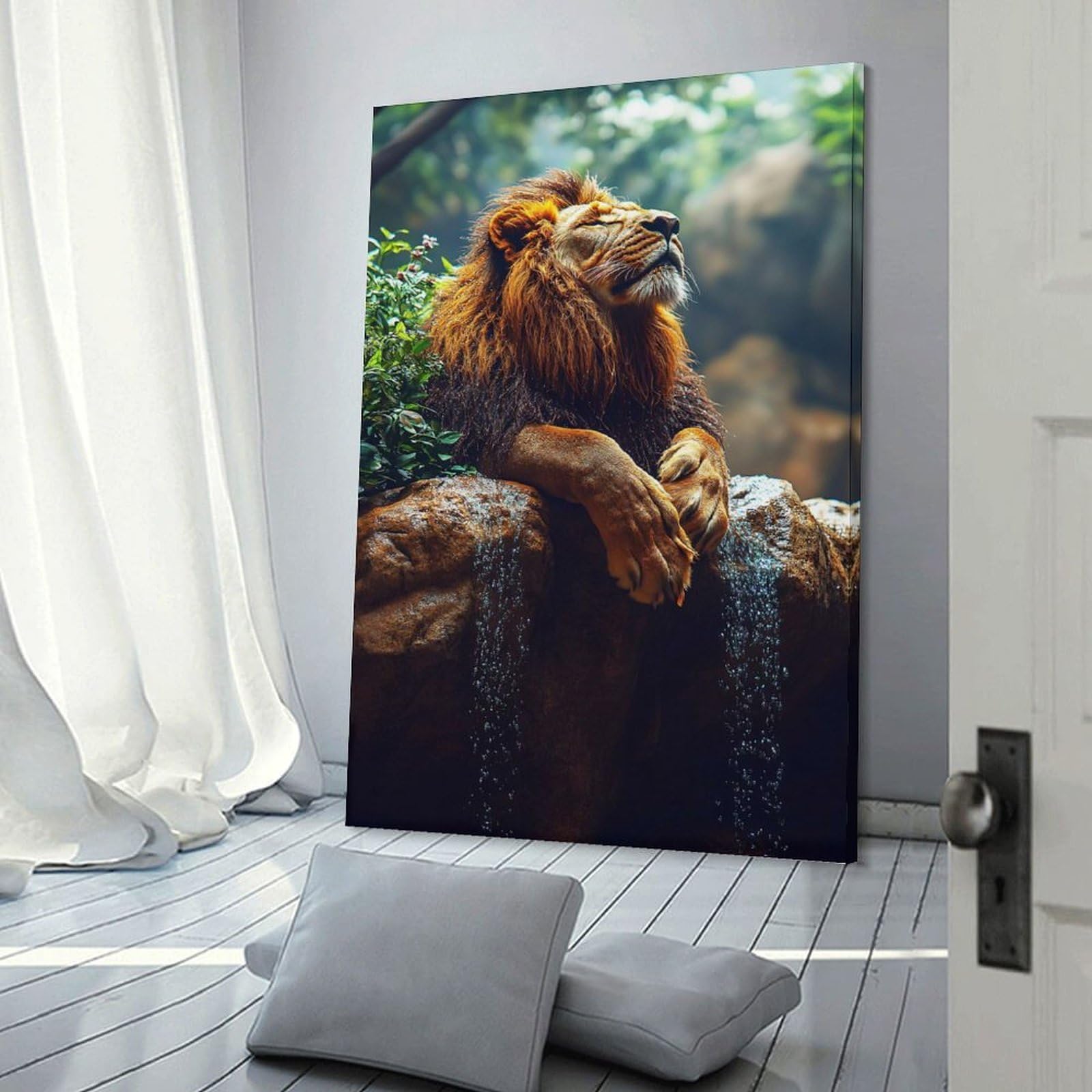 Junmoney Frame-Style-14 Decorative Wall Artwork Lion Resting Near A Waterfall, 20X30inch(50X75cm), For Sofa Walls, Lounge Or Home Corners, Modern Wall Decor For Cosy Interiors