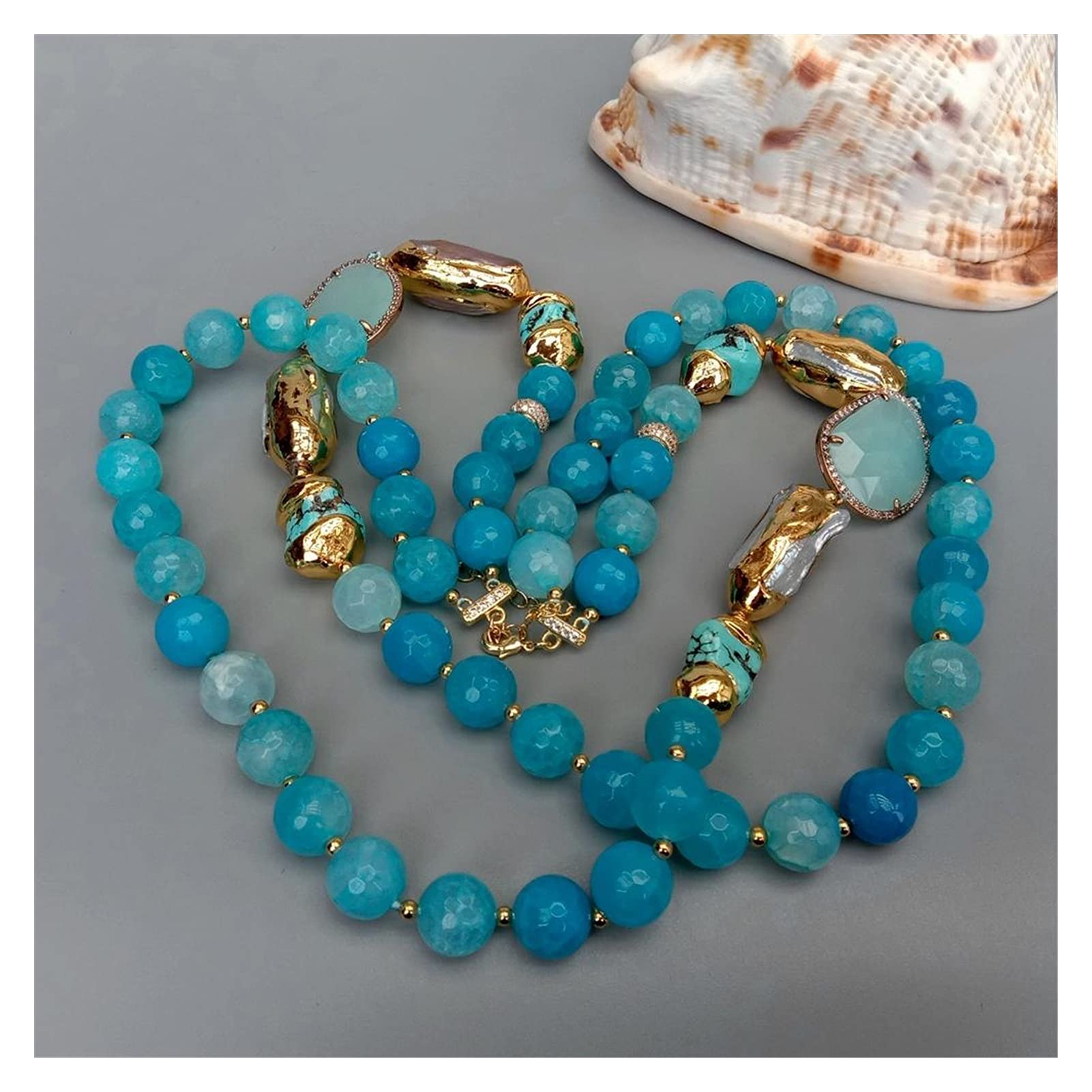Collar 2 Filas Azul facetado ágata Turquesa cultivado Blanco Biwa Perla Cristal Moda Mujer joyería