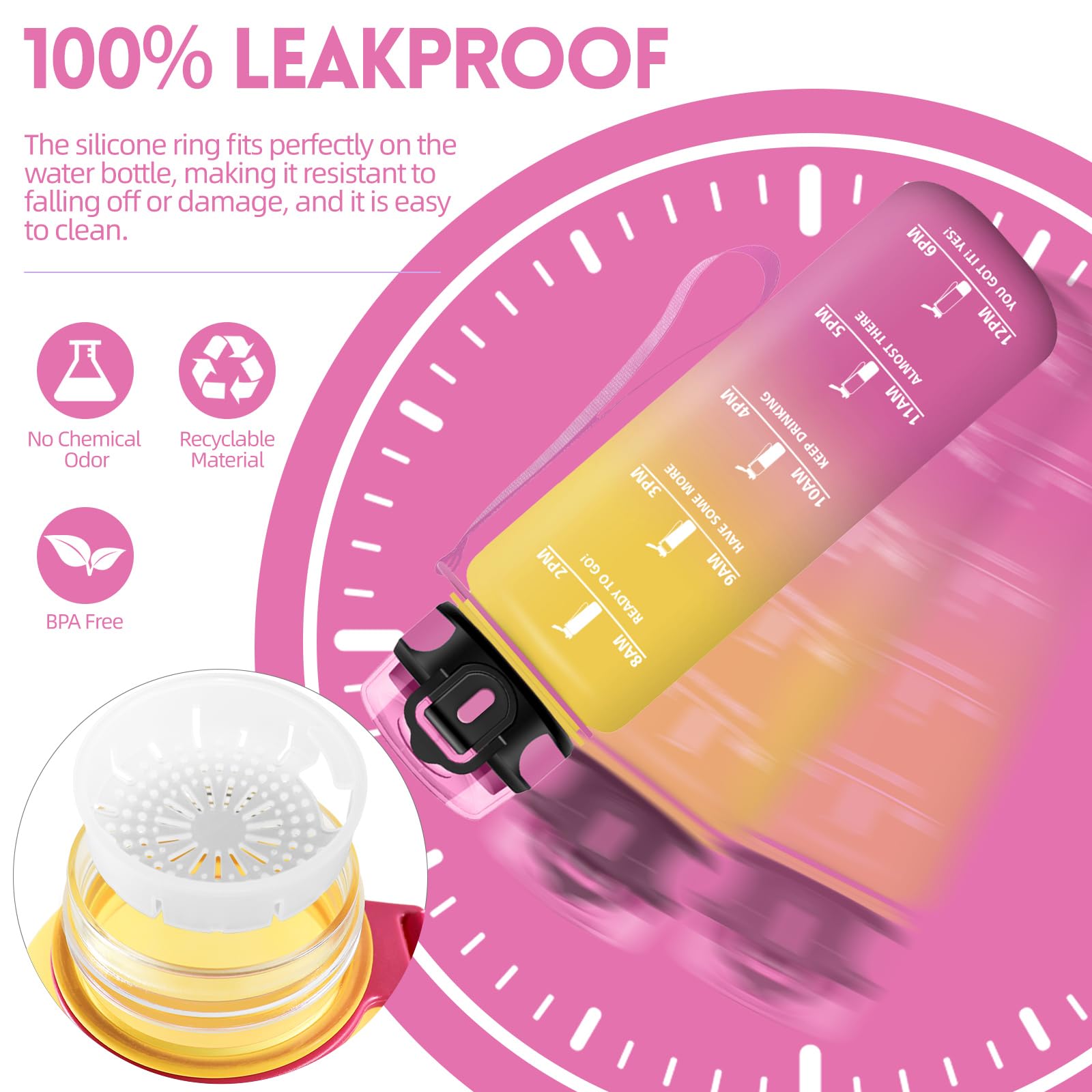 Borraccia, 1000ML Senza BPA, Borraccia Bambini, Design della serratura a prova di perdite, Borraccia Motivazionale, Con marca temporale, Bottiglia Acqua per Yoga, Sport, Scalare Montagne - Giallo Rosa