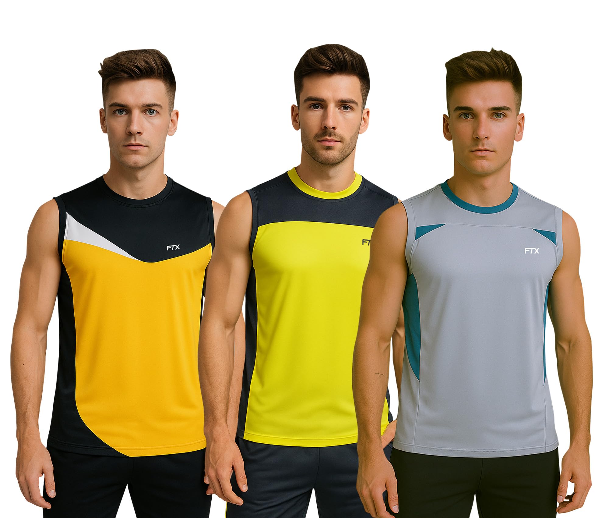 ftx Drifit Round Neck Colorblock Sleeveless Activewear Sports Casual Tshirt for Men (Pack of 3)-picture-16