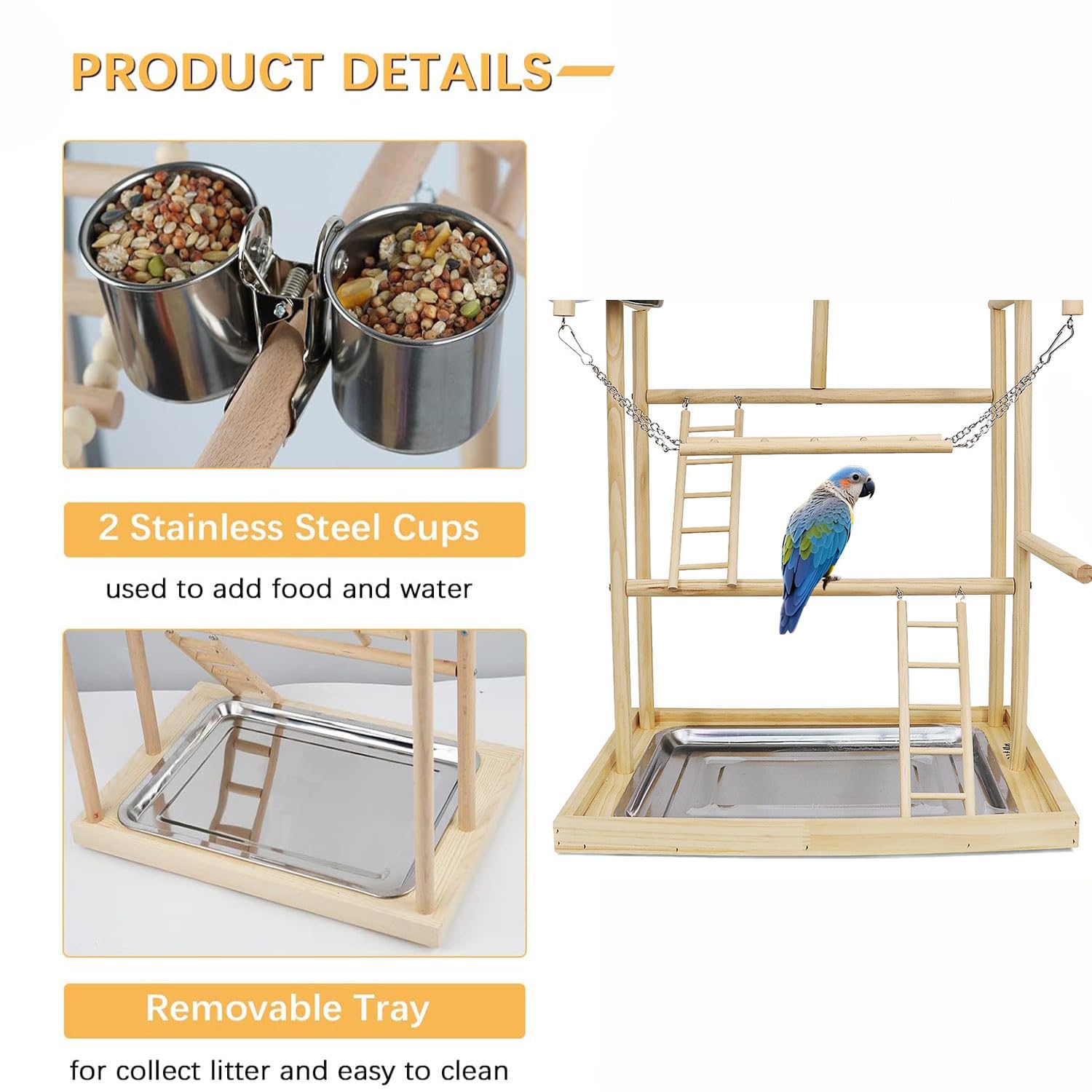 Parque Infantil de Cacatúas,con Comederos de Acero Inoxidable, Cadena de Plástico de Colores para Mascotas, para Loros y Otros Pájaros