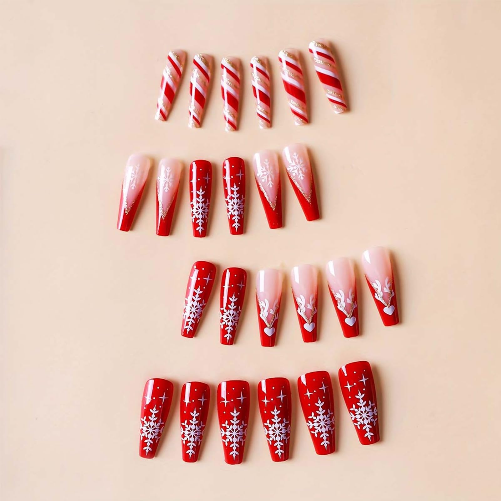 NICENEEDED 24 Pcs Christmas French Press on Nails, Long Square Fake Nails with Snowflake Design - Image 3