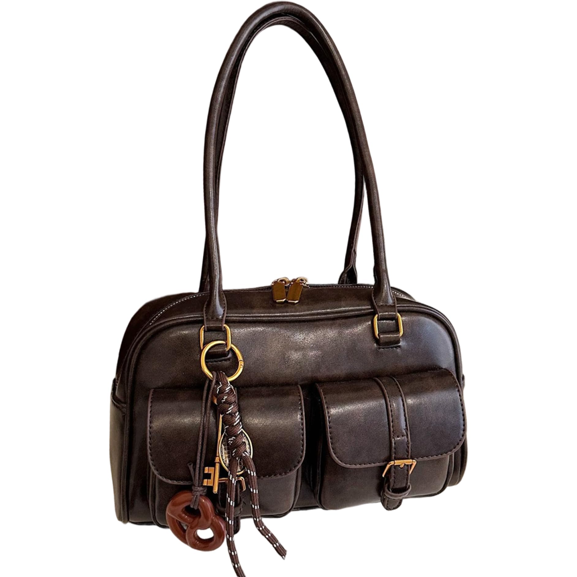 CAKEEYUM Y2k Shoulder Bag PU Leather Vintage Purse with Pendant Large Capacity Top Handle Y2k Purse for Shopping Work Travel Shoulder Bag, Vintage, Brown
