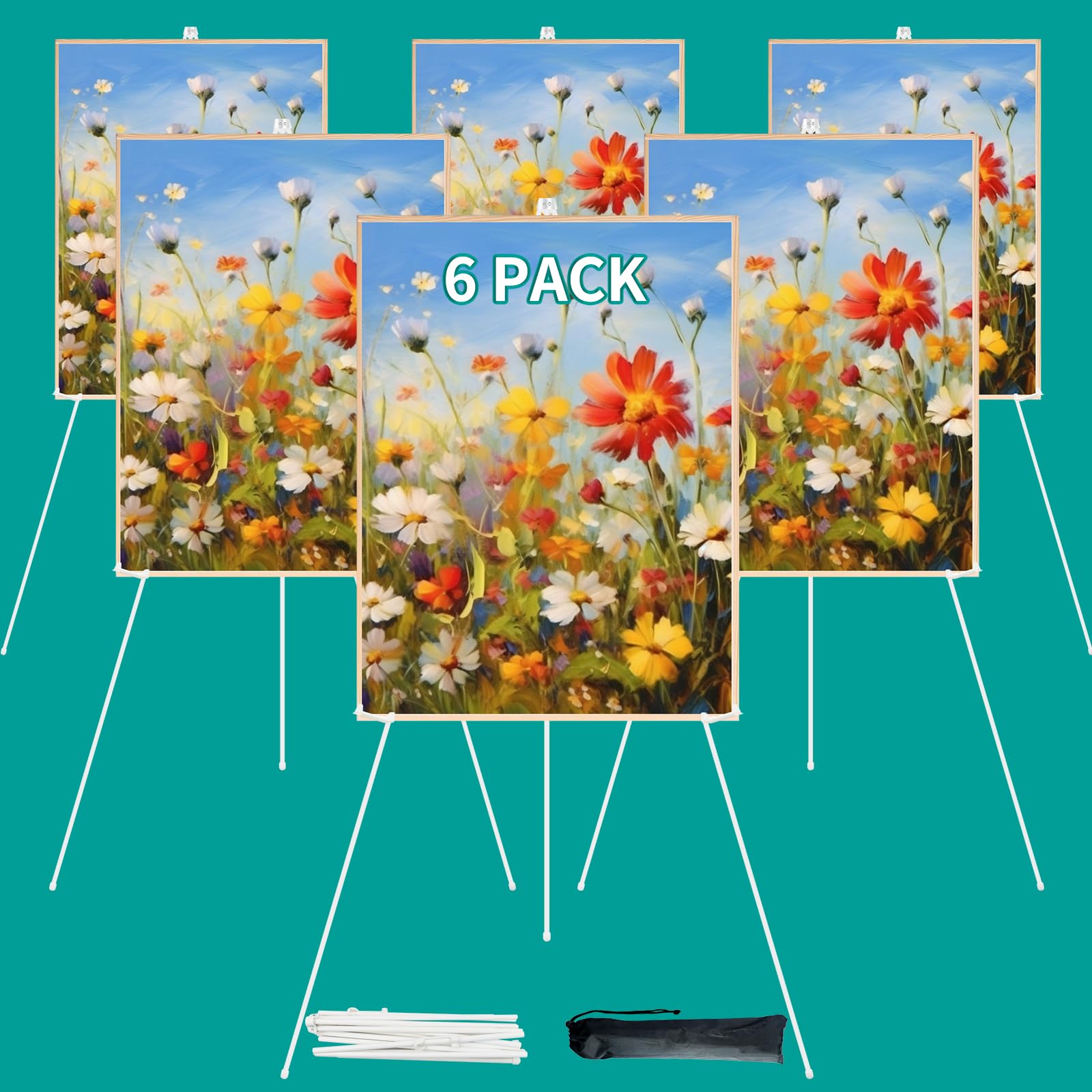 Easel Stand for Display, White Easel Stand for Wedding Sign, 63" Folding Poster Easel, Floor Stand for Sign, Collapsable Portable Tripod, Art Poster Metal Stand for Display Show(6 Pack)