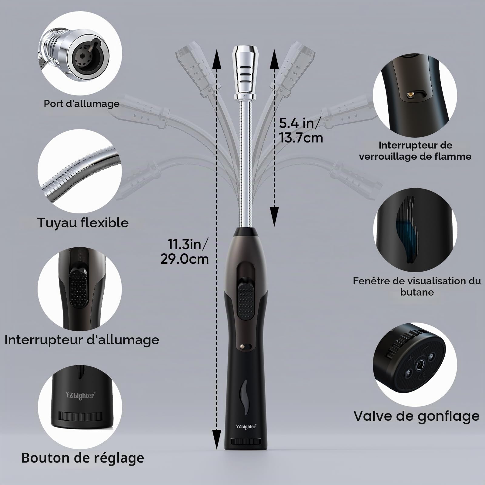 2Pcs Briquet Allume-Feu Rechargeable, Gaz/Allumette Long Allume-Bougies Tempête Flamme Chalumeau BBQ, Cheminée, Bois, Camping (Gaz Non Inclus) Noir et Orange