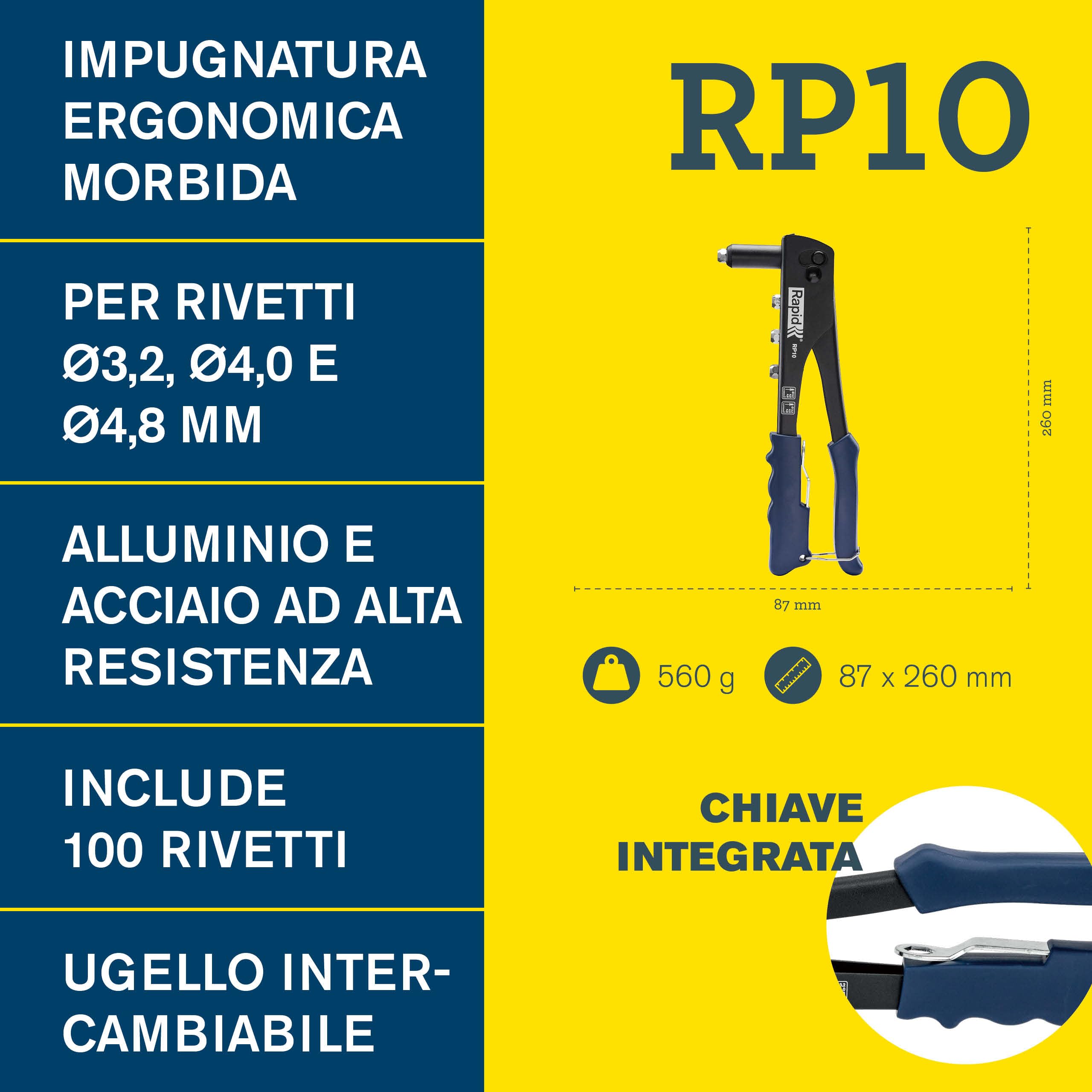 Rapid RP10 Kit Rivettatrice Manuale con 100 Rivetti Alluminio 3.2-4.8mm Impugnatura Morbida