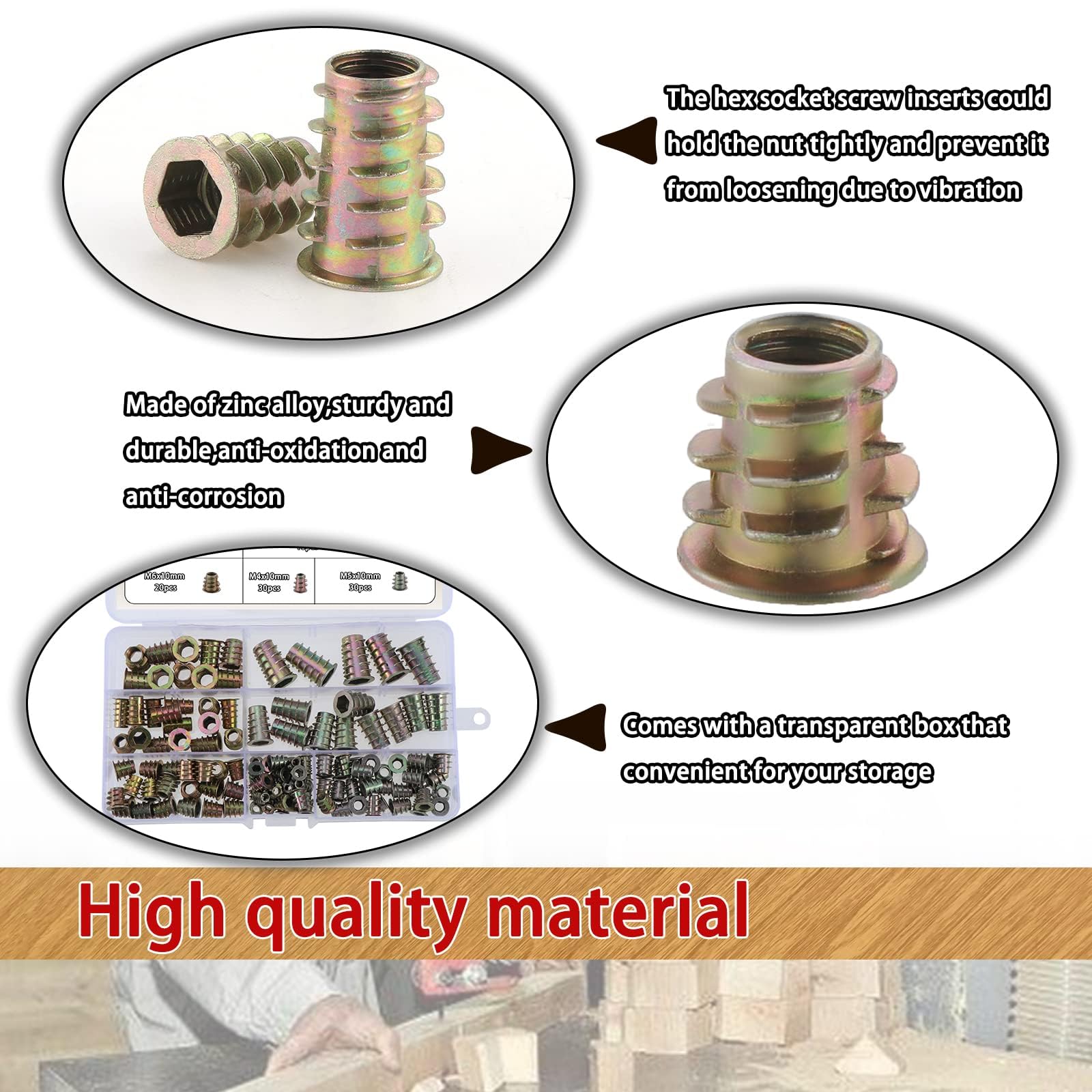TOP-VIGOR 50Pcs Threaded Insert Nuts for Wood M6 Insert Hex Socket Nuts, Flanged Hex Socket Screw - Image 3