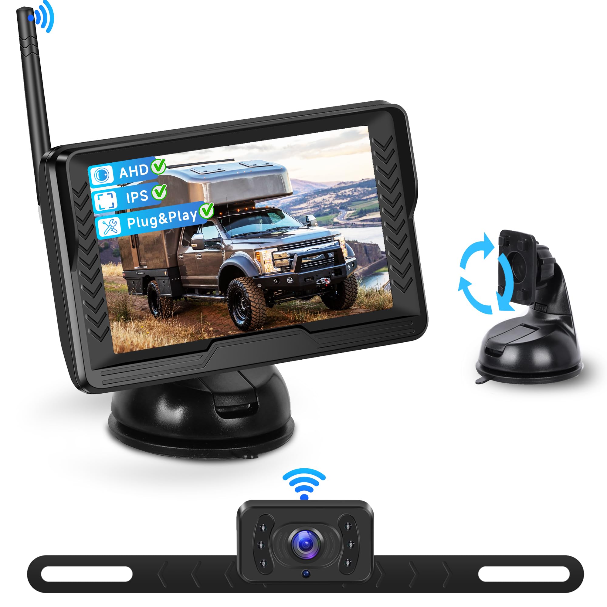 Senza Fili Digitale Telecamera di Retromarcia Kit con 5 Pollici IPS Monitor, IP69 Impermeabile, Visione Notturna, Grandangolo per Piccola Auto e Piccolo Camion, Veicoli da Lavoro, Grandi Camion, ecc.
