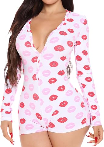 HOXIJIA Women Heart Printed Rompers Long Sleeve V Neck Button Down Short Jumpsuits Bodycon Pajamas Bodysuits for Valentine