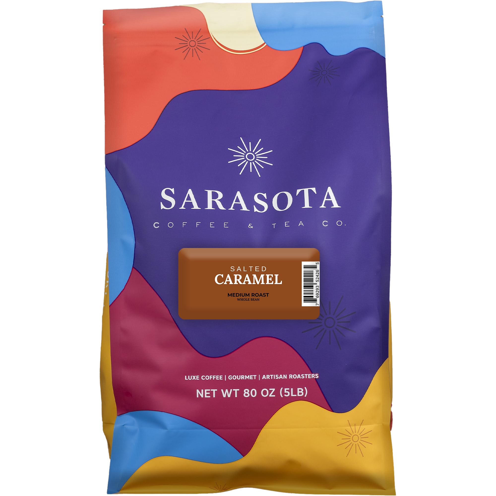 Sarasota Coffee Whole Bean Salted Caramel | Medium Roast Gourmet Flavored Coffee Beans | Low Acid, Mold Free, Specialty Grade Bulk Beans | 5lb (80 oz)