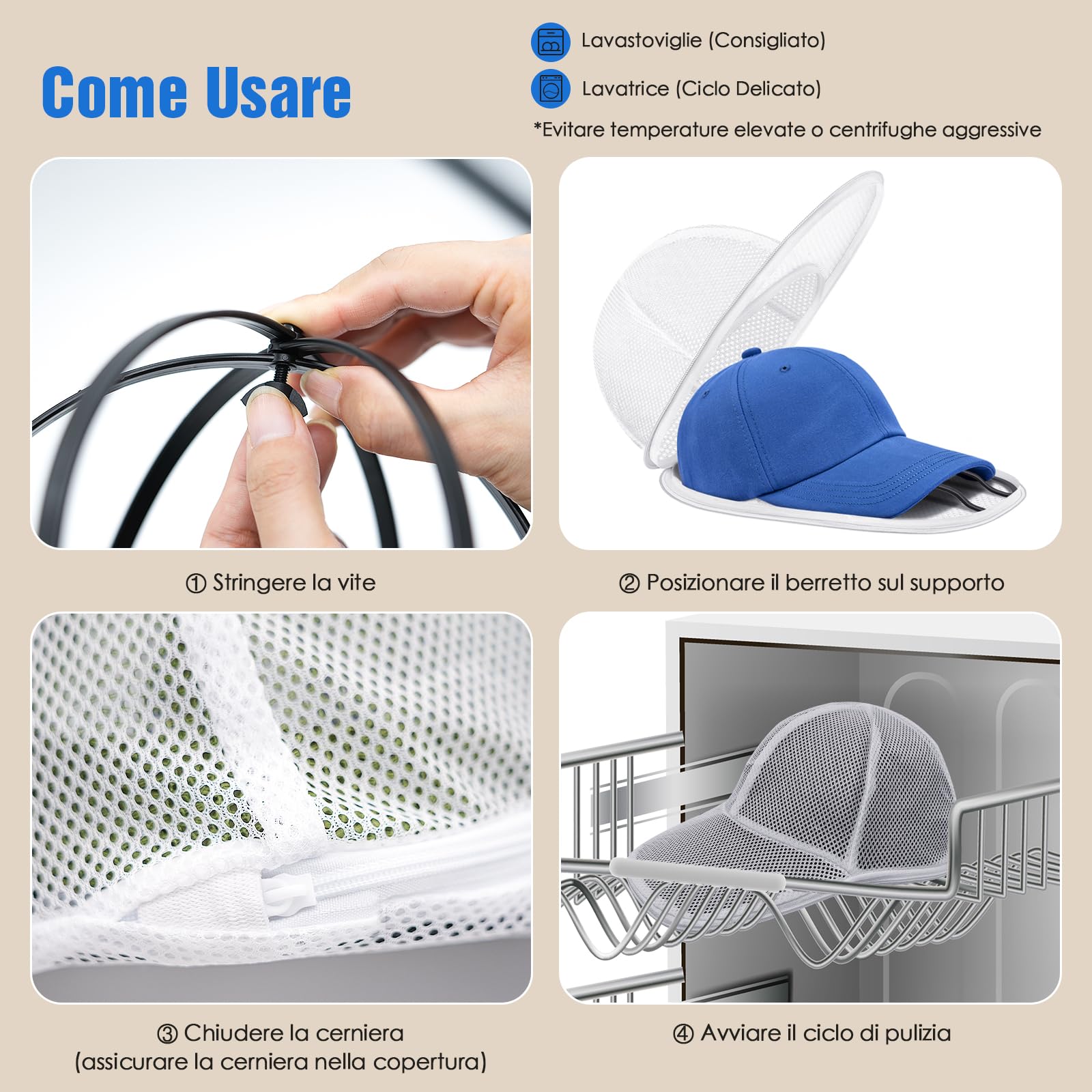 Lavaggio Cappello da Baseball, Richiudibile Rondella per Cappelli - Pulitore per Cappellio per Lavatrice e Lavastoviglie, Supporto Protettore e Modellatore per Cappelli Baseball con Rack per Lavaggio