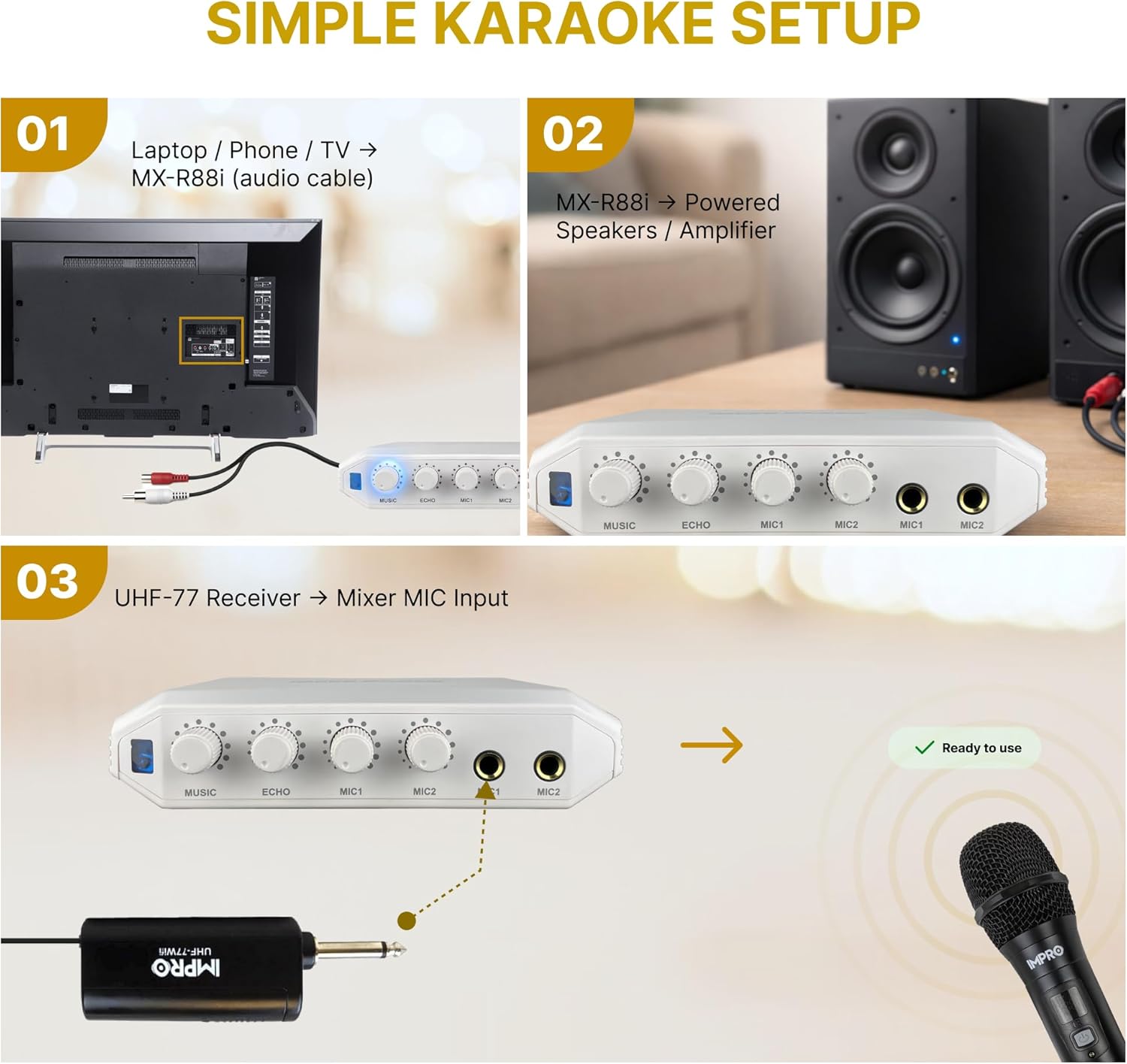 ImPro Kickstart Bundle UHF-77 Wireless Microphone & MX-R88i Compact Mixer (Gold)