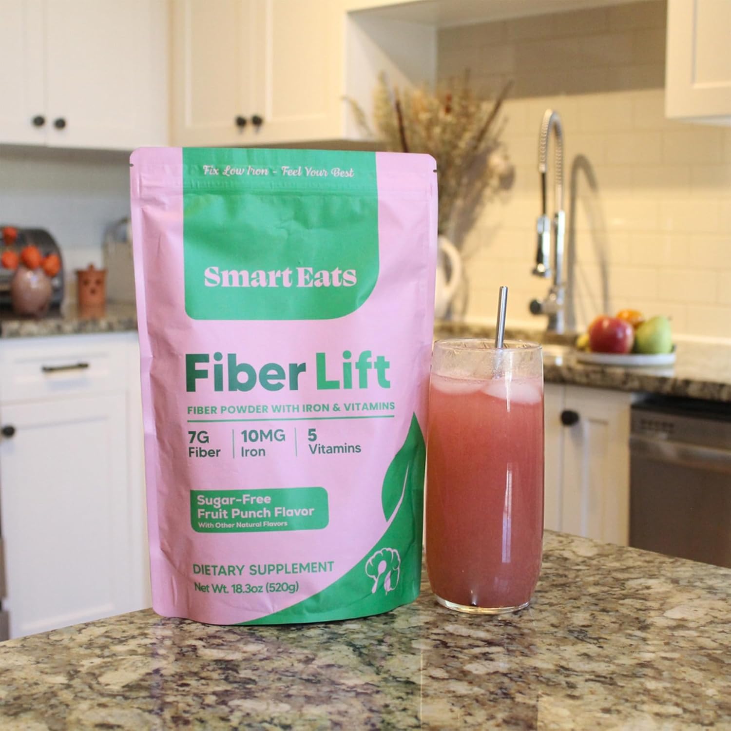 Smart Eats - Fiber Lift | Psyllium Husk Powder | Gentle Iron | Vitamins D, C, B12, Folate, Biotin | Support Digestion, Energy, Immunity, Blood | Fruit Punch Flavor | Sugar-Free | 30 Scoops