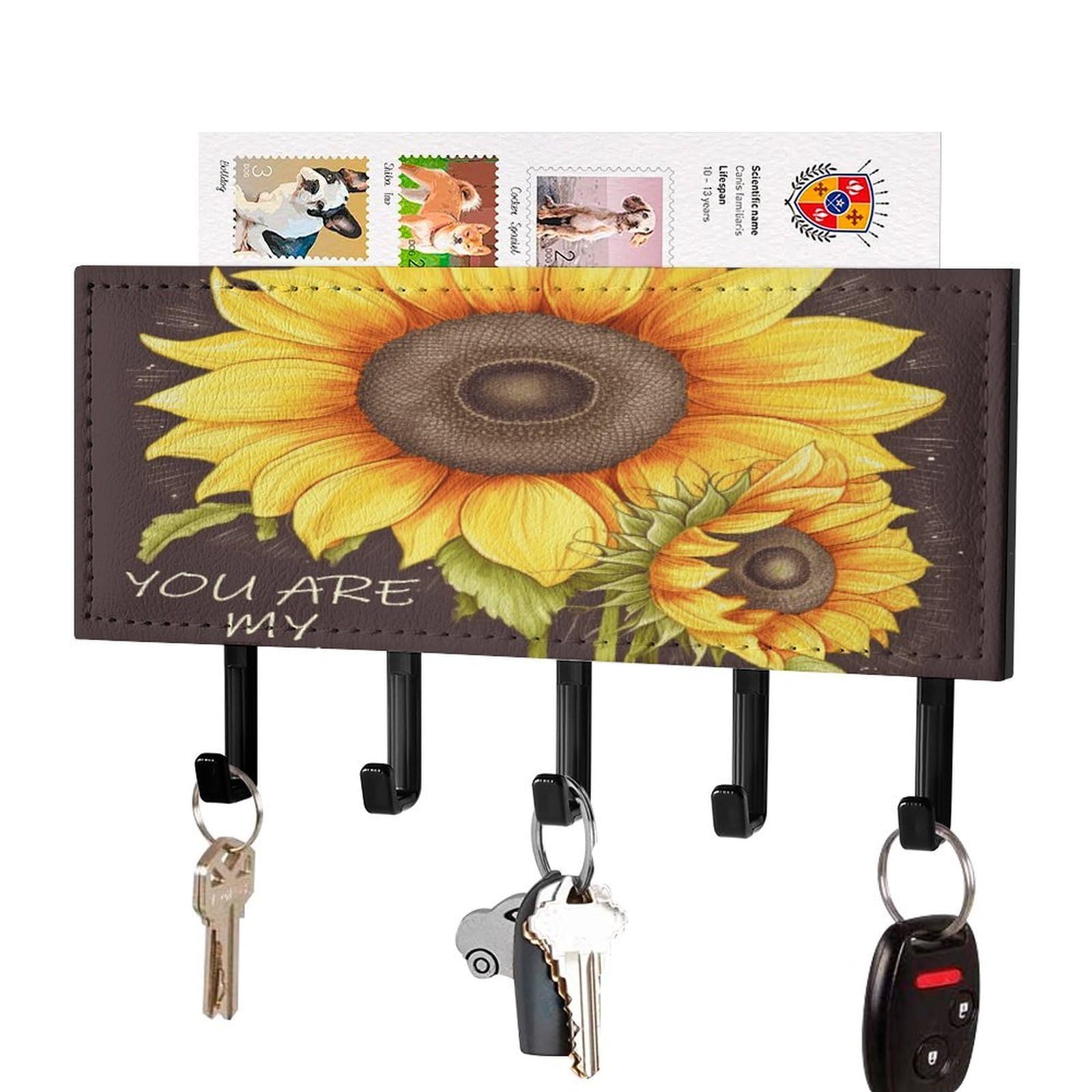 FekiLoot You are My Sunshine Sunflower Key Holder for Wall Decorative Mail Organizer with 5 Key Hook Self Adhesive Key Rack with Tray Coat Rack Wall Mount Key Hanger Decor for Entryway Door